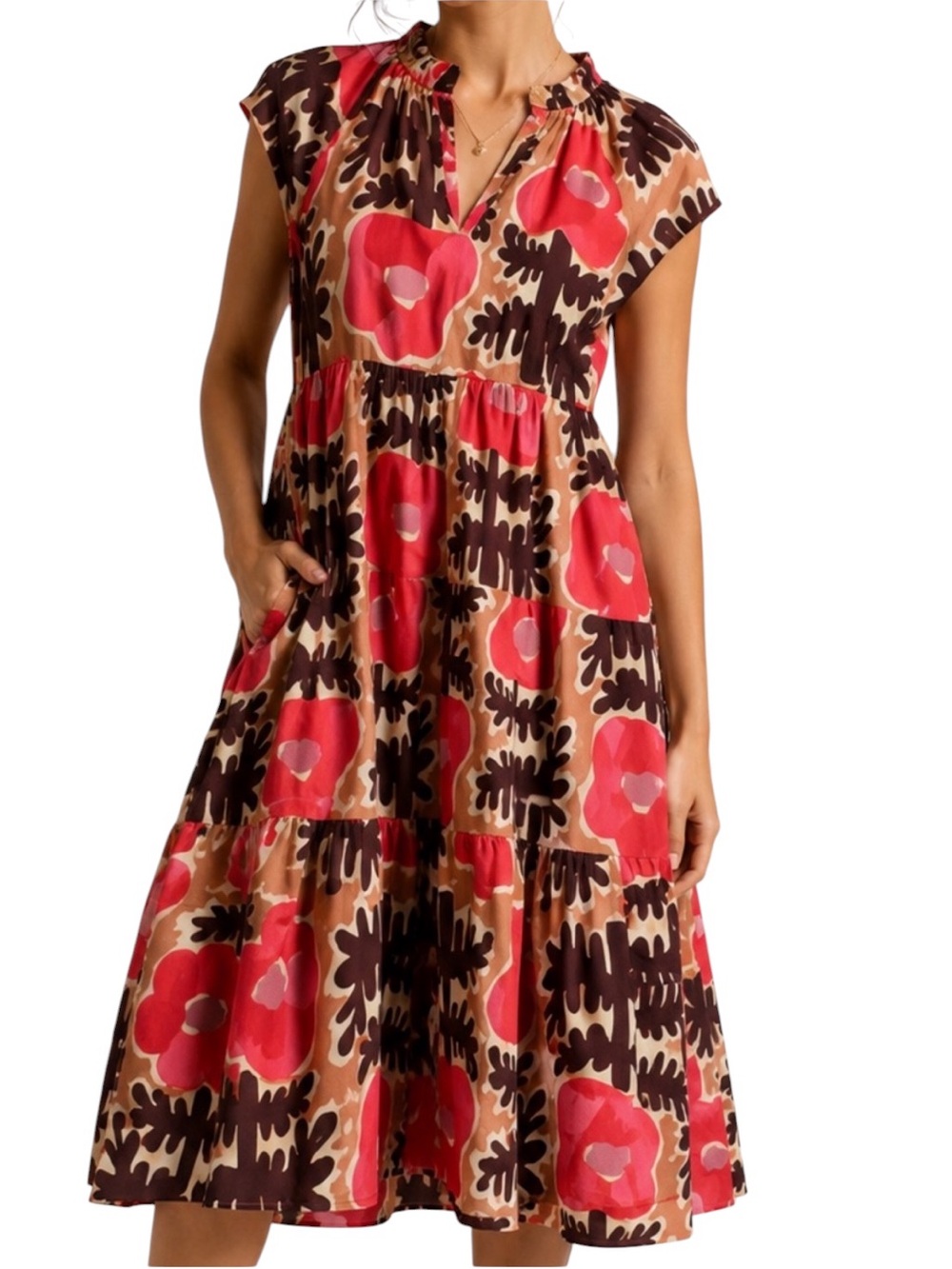 Crosby by Mollie Burch Watts Mod Poppy Pink & Brown Tiered Midi Dress - M